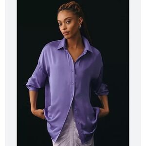Favorite Daughter Very Peri Satin Button Down Blouse Purple XL Long Sleeve Shirt